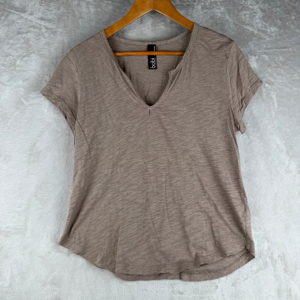 Bobi Los Angeles Womens Slub Jersey Split V-Neck Raw Edge Tee Taupe Brown Medium
